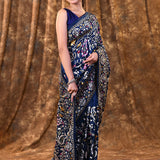 Dark Blue Floral Embroidered Silk Blend Saree