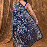 Dark Blue Floral Embroidered Silk Blend Saree