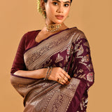 Burgundy Floral Kalga Bel Banarasi Silk Saree