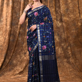Midnight Blue Floral Silk Blend Saree