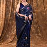 Midnight Blue Floral Silk Blend Saree