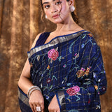 Midnight Blue Floral Silk Blend Saree