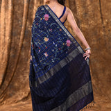 Midnight Blue Floral Silk Blend Saree