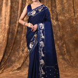 Dark Navy Blue Embroidered Tussar Silk Saree
