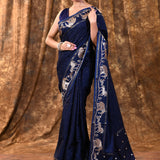 Dark Navy Blue Embroidered Tussar Silk Saree