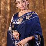 Dark Navy Blue Embroidered Tussar Silk Saree