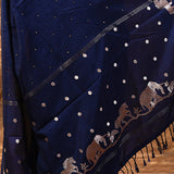 Dark Navy Blue Embroidered Tussar Silk Saree