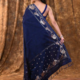 Dark Navy Blue Embroidered Tussar Silk Saree