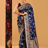 Royal Navy Blue Floral Meenakari Jaal Banarasi Silk Saree
