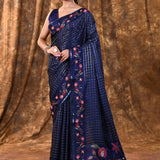 Dark Blue Embroidered Tussar Silk Saree