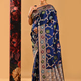 Royal Navy Blue Floral Meenakari Jaal Banarasi Silk Saree