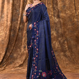 Dark Blue Embroidered Tussar Silk Saree