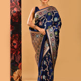 Royal Navy Blue Floral Meenakari Jaal Banarasi Silk Saree