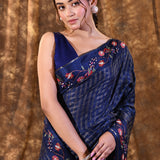 Dark Blue Embroidered Tussar Silk Saree