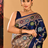 Royal Navy Blue Floral Meenakari Jaal Banarasi Silk Saree