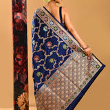 Royal Navy Blue Floral Meenakari Jaal Banarasi Silk Saree