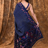 Dark Blue Embroidered Tussar Silk Saree