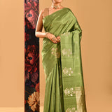 Olive Green Floral Zari Butti Banarasi Silk Saree