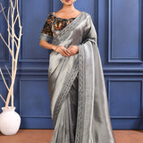 Silver Blue Tissue Saree With Embroidered Border