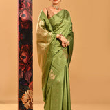 Olive Green Floral Zari Butti Banarasi Silk Saree