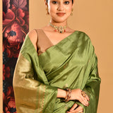 Olive Green Floral Zari Butti Banarasi Silk Saree