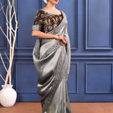 Silver Blue Tissue Saree With Embroidered Border