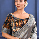 Silver Blue Tissue Saree With Embroidered Border