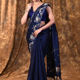 Berry Blue Tussar Embroidered Saree
