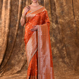 Bright Orange Floral Butti Banarasi Silk Saree