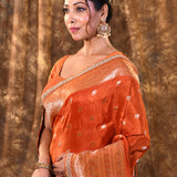 Bright Orange Floral Butti Banarasi Silk Saree