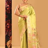 Sage Green With Gold And Copper Zari Border In Banarasi Silk Saree