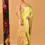 Sage Green With Gold And Copper Zari Border In Banarasi Silk Saree