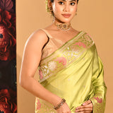 Sage Green With Gold And Copper Zari Border In Banarasi Silk Saree