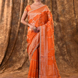 Bright Orange Floral Banarasi Silk Saree