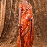 Bright Orange Floral Banarasi Silk Saree