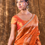 Bright Orange Floral Banarasi Silk Saree