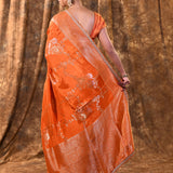 Bright Orange Floral Banarasi Silk Saree