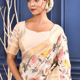 Off-White Embroidered Silk Saree