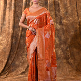 Pumpkin Orange Floral Banarasi Silk Saree