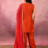 Rust Orange Floral Jaal Silk Blend Straight Cut Set