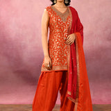 Rust Orange Floral Jaal Silk Blend Straight Cut Set