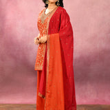 Rust Orange Floral Jaal Silk Blend Straight Cut Set
