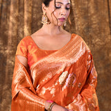 Pumpkin Orange Floral Banarasi Silk Saree