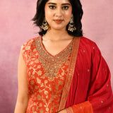 Rust Orange Floral Jaal Silk Blend Straight Cut Set