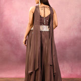 Brown Embroidered Blend Silk Choli Set