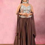 Brown Embroidered Blend Silk Choli Set