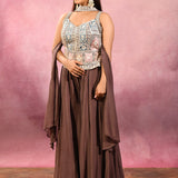 Brown Embroidered Blend Silk Choli Set