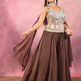 Brown Embroidered Blend Silk Choli Set