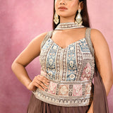 Brown Embroidered Blend Silk Choli Set