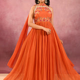 Orange Embroidered Georgette Anarkali Set